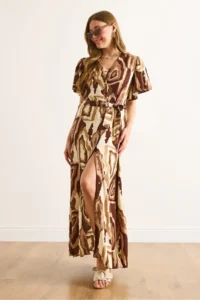 Olalook Women's Beige Brown Buttoned Belted Maxi Viscose Shirt Dress - Image 3