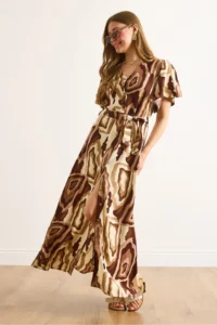 Olalook Women's Beige Brown Buttoned Belted Maxi Viscose Shirt Dress - Image 4