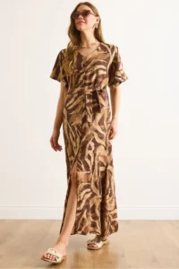 Olalook Women's Camel Brown Buttoned Belted Maxi Viscose Shirt Dress