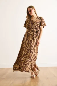 Olalook Women's Camel Brown Buttoned Belted Maxi Viscose Shirt Dress - Image 2