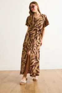 Olalook Women's Camel Brown Buttoned Belted Maxi Viscose Shirt Dress - Image 3
