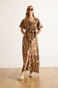 Olalook Women's Camel Brown Buttoned Belted Maxi Viscose Shirt Dress - Image 4