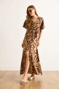 Olalook Women's Camel Brown Buttoned Belted Maxi Viscose Shirt Dress - Image 5