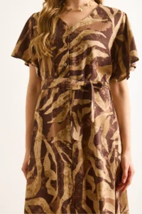 Olalook Women's Camel Brown Buttoned Belted Maxi Viscose Shirt Dress - Image 6