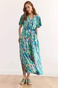 Olalook Women's Green Lilac Button Belted Maxi Viscose Shirt Dress Elb-