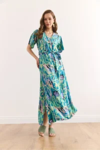 Olalook Women's Green Lilac Button Belted Maxi Viscose Shirt Dress Elb- - Image 2