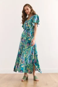 Olalook Women's Green Lilac Button Belted Maxi Viscose Shirt Dress Elb- - Image 3