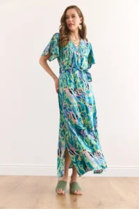 Olalook Women's Green Lilac Button Belted Maxi Viscose Shirt Dress Elb- - Image 4