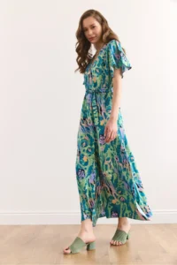 Olalook Women's Green Lilac Button Belted Maxi Viscose Shirt Dress Elb- - Image 6