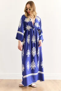 Olalook Women's French Saks Blue Double Breasted Collar Waist Elastic Maxi Slit Viscose Dress