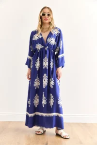 Olalook Women's French Saks Blue Double Breasted Collar Waist Elastic Maxi Slit Viscose Dress - Image 2