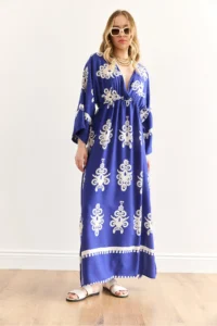 Olalook Women's French Saks Blue Double Breasted Collar Waist Elastic Maxi Slit Viscose Dress - Image 3