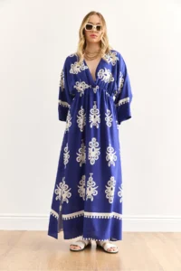 Olalook Women's French Saks Blue Double Breasted Collar Waist Elastic Maxi Slit Viscose Dress - Image 4