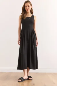 Olalook Women's Black U-Neck Soft Textured Maxi Flexible Dress Elb-
