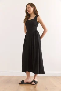 Olalook Women's Black U-Neck Soft Textured Maxi Flexible Dress Elb- - Image 2