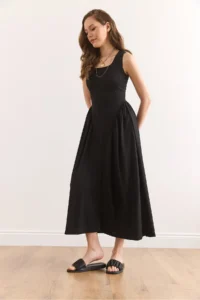 Olalook Women's Black U-Neck Soft Textured Maxi Flexible Dress Elb- - Image 3