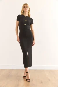 Olalook Women's Black Button Accessory Slit Slim Corduroy Dress - Image 2
