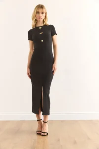 Olalook Women's Black Button Accessory Slit Slim Corduroy Dress - Image 3