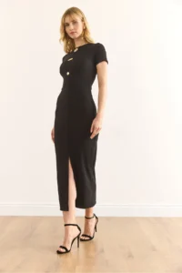 Olalook Women's Black Button Accessory Slit Slim Corduroy Dress - Image 5
