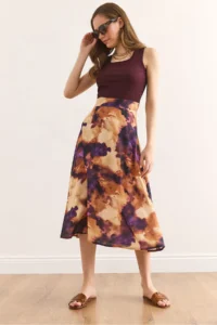 Olalook Women's Burgundy Batik Midi Dress with Hidden Zipper on the Side ELB-