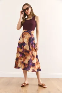 Olalook Women's Burgundy Batik Midi Dress with Hidden Zipper on the Side ELB- - Image 2
