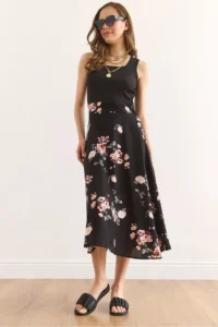 Olalook Women's Black Rose Side Hidden Zipper Garnished Midi Dress ELB-