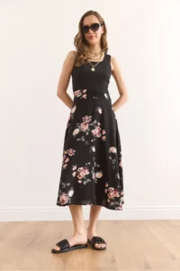 Olalook Women's Black Rose Side Hidden Zipper Garnished Midi Dress ELB- - Image 2