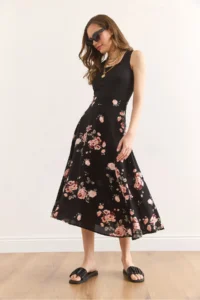 Olalook Women's Black Rose Side Hidden Zipper Garnished Midi Dress ELB- - Image 3