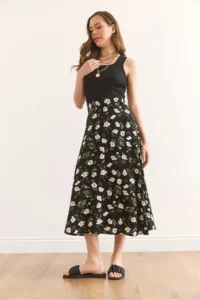 Olalook Women's Black Daisy Midi Dress with Hidden Zipper on the Side ELB- - Image 2