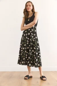 Olalook Women's Black Daisy Midi Dress with Hidden Zipper on the Side ELB- - Image 4
