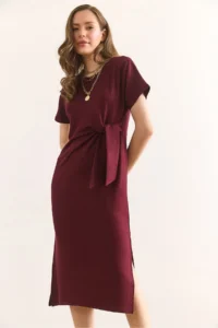 Olalook Women's Burgundy Waist Detailed Slit Soft Textured Dress ELB-