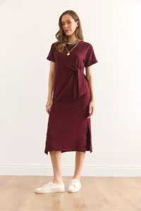 Olalook Women's Burgundy Waist Detailed Slit Soft Textured Dress ELB- - Image 2