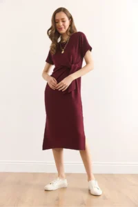 Olalook Women's Burgundy Waist Detailed Slit Soft Textured Dress ELB- - Image 3