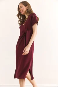 Olalook Women's Burgundy Waist Detailed Slit Soft Textured Dress ELB- - Image 4