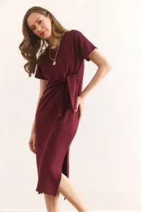 Olalook Women's Burgundy Waist Detailed Slit Soft Textured Dress ELB- - Image 5
