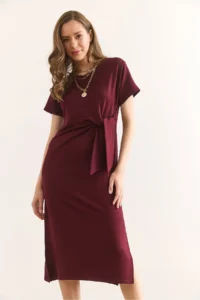 Olalook Women's Burgundy Waist Detailed Slit Soft Textured Dress ELB- - Image 6