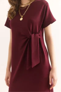 Olalook Women's Burgundy Waist Detailed Slit Soft Textured Dress ELB- - Image 7