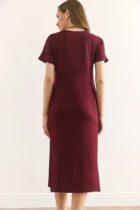 Olalook Women's Burgundy Waist Detailed Slit Soft Textured Dress ELB- - Image 8