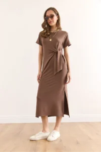Olalook Women's Brown Waist Detailed Slit Soft Textured Dress ELB- - Image 2