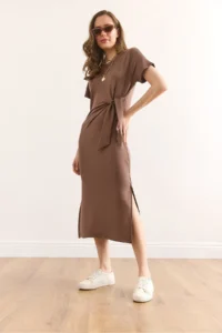 Olalook Women's Brown Waist Detailed Slit Soft Textured Dress ELB- - Image 3
