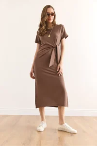 Olalook Women's Brown Waist Detailed Slit Soft Textured Dress ELB- - Image 5