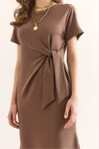 Olalook Women's Brown Waist Detailed Slit Soft Textured Dress ELB- - Image 6