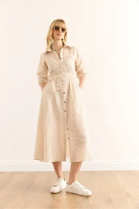 Olalook Women's Beige Elastic Waist Pocket Maxi Shirt Dress - Image 2