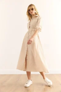 Olalook Women's Beige Elastic Waist Pocket Maxi Shirt Dress - Image 3