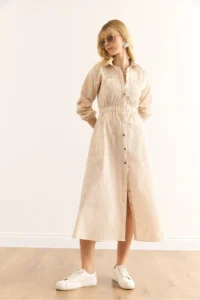 Olalook Women's Beige Elastic Waist Pocket Maxi Shirt Dress - Image 4