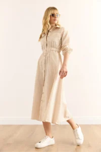 Olalook Women's Beige Elastic Waist Pocket Maxi Shirt Dress - Image 5