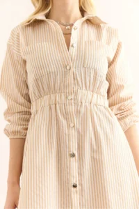 Olalook Women's Beige Elastic Waist Pocket Maxi Shirt Dress - Image 6