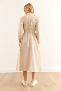 Olalook Women's Beige Elastic Waist Pocket Maxi Shirt Dress - Image 7