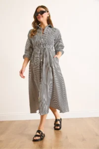 Olalook Women's Black Elastic Waist Pocket Maxi Shirt Dress - Image 2