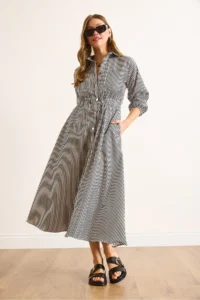 Olalook Women's Black Elastic Waist Pocket Maxi Shirt Dress - Image 3